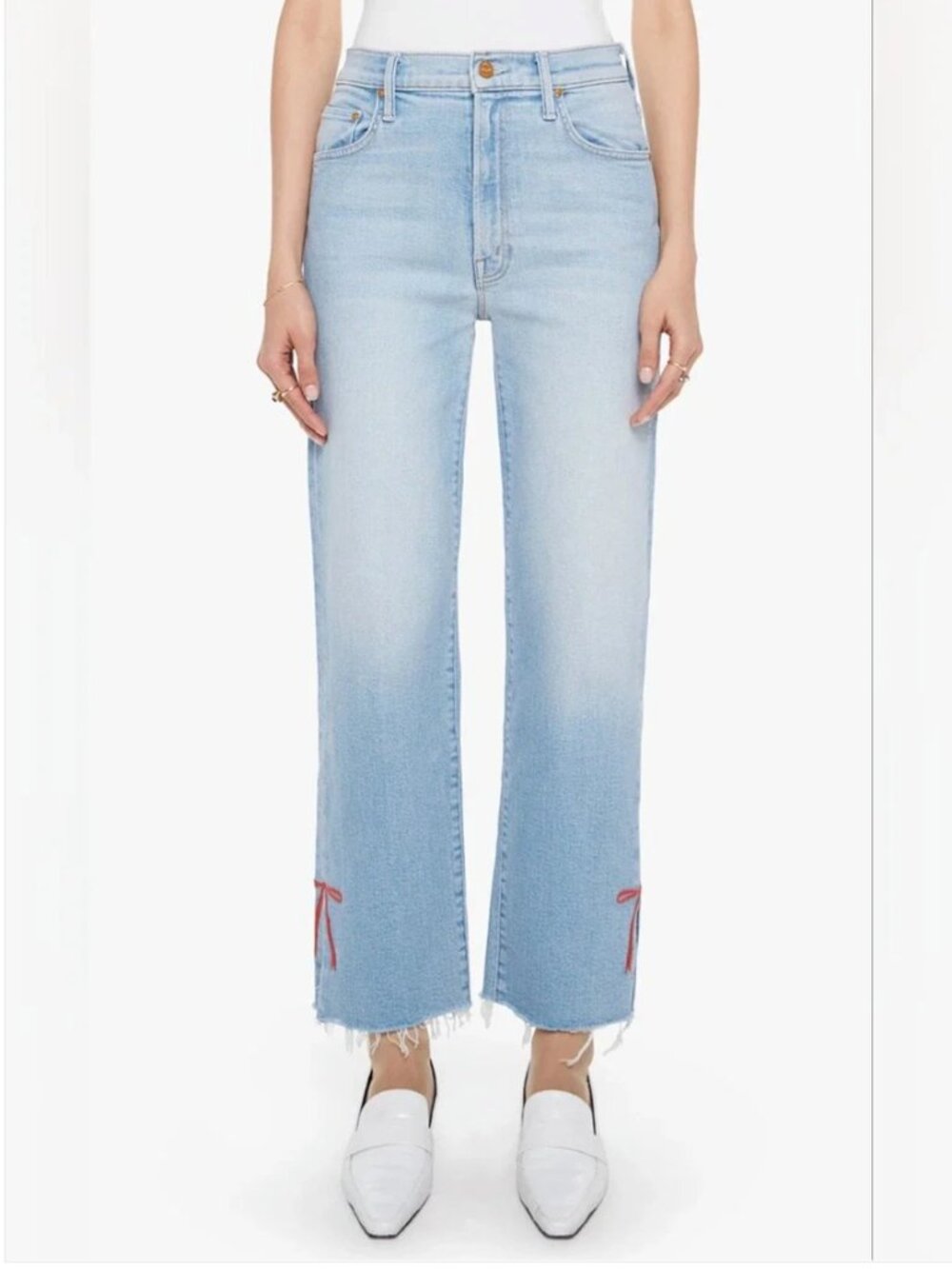MOTHER Rambler Zip Slice Hover Fray Bow Blue Jeans size 26